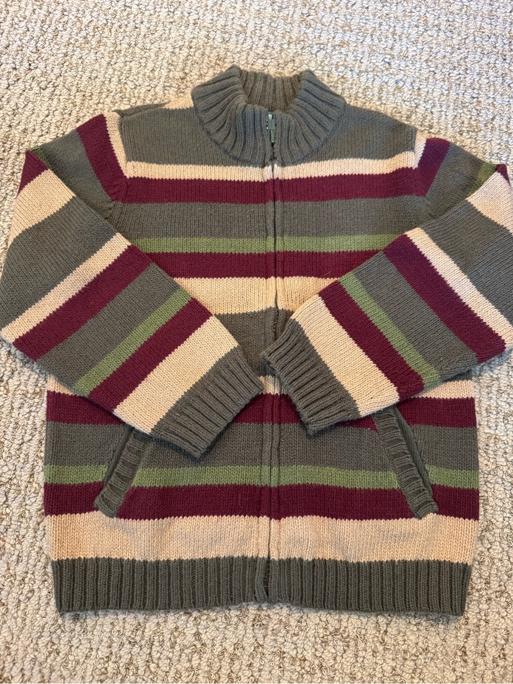 Janie and Jack 6 Zip-Front Striped Knit Sweater - Gray, Cream & Burgundy